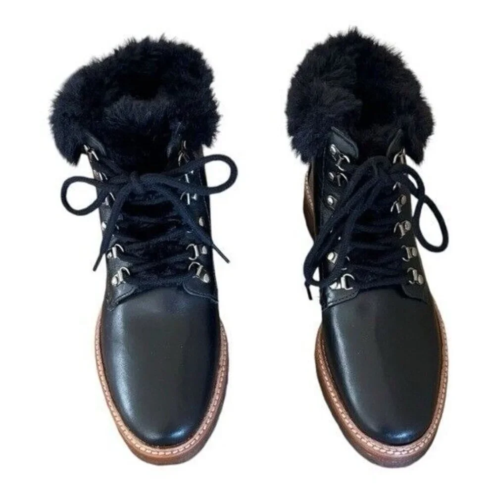 BOTKIER Winter Hiking Boots Faux Fur Collar Black Leather